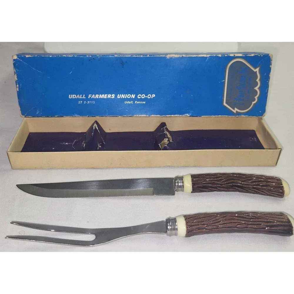 Vintage Faux Stag Stainless Japan 2pc Udall Farmers Union Co-op Carving Gift Set